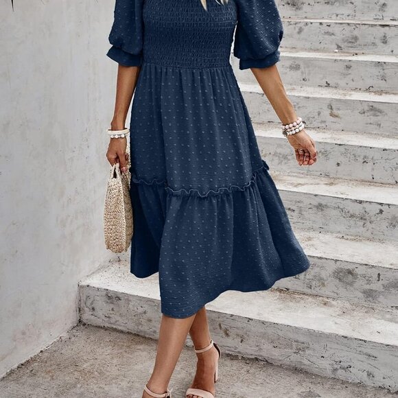 Women's Summer Casual Dresses 2025 Spring Puff Sleeve Square Neck A-line Flowy B - Picture 5 of 6
